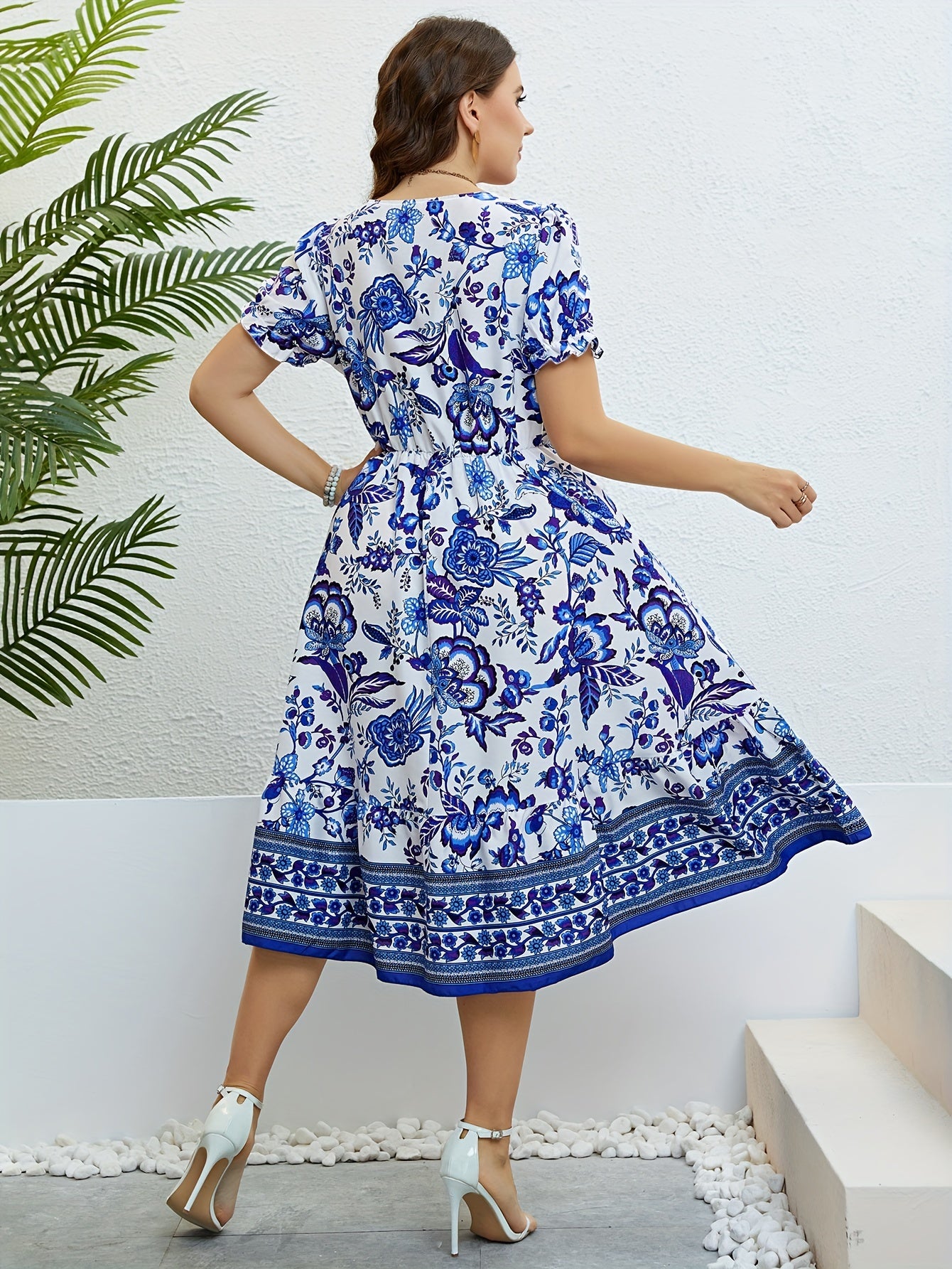  Colorblock Floral Print Puff Sleeve V Neck Midi Dress