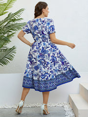  Colorblock Floral Print Puff Sleeve V Neck Midi Dress