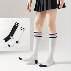 Heart Print Striped Calf Socks Sports Knee High Women's Stockings