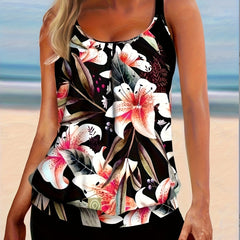  Floral Print Tankini Set Women's Plus Swimsuit Two Piece