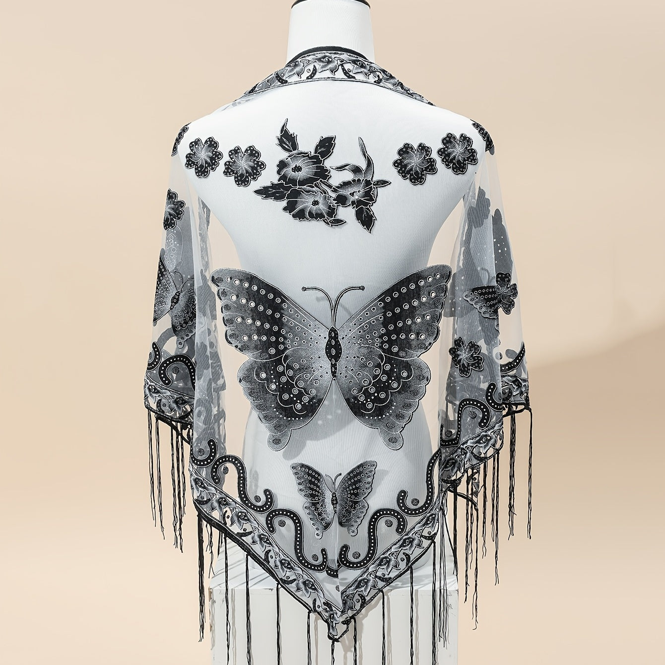 Triangle Scarf Butterfly Flower Embroidery Lace Tassel Shawl