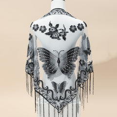 Triangle Scarf Butterfly Flower Embroidery Lace Tassel Shawl