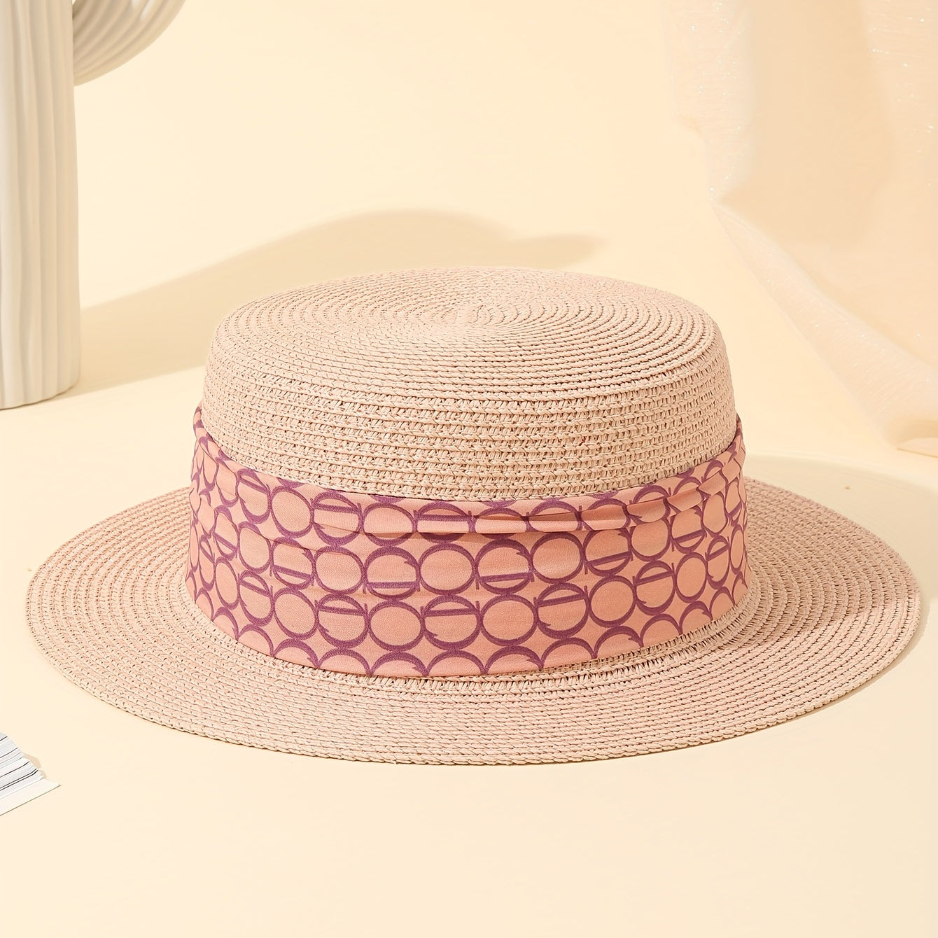 Pink Ribbon Decor Straw Hat Flat Top Jazz Sun Hat