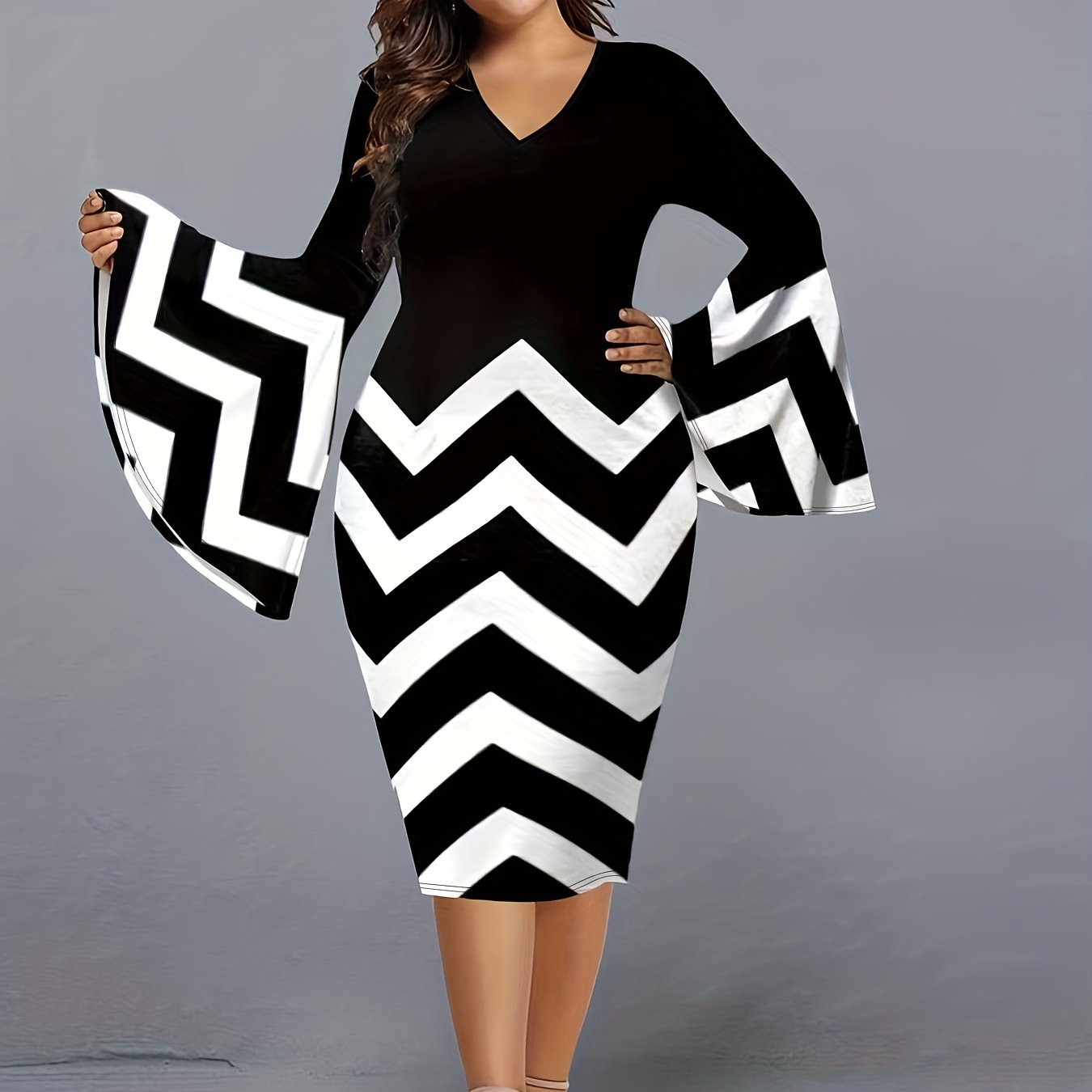 Colorblock Stripe Print Bell Sleeve V Neck Midi Dress