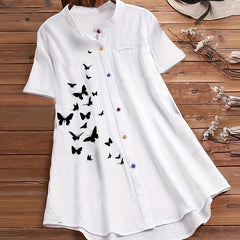  Butterfly Print Short Sleeve Button Shirt