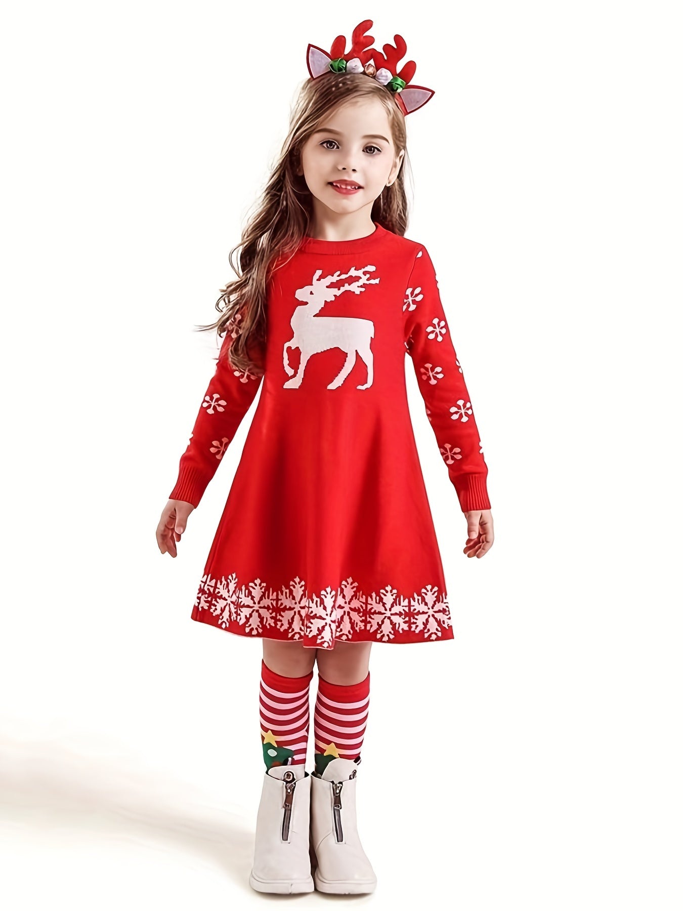 Christmas Deer Jacquard Knitted Dress Long Sleeve Sweater