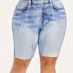 Denim Print High Rise Skinny Shorts