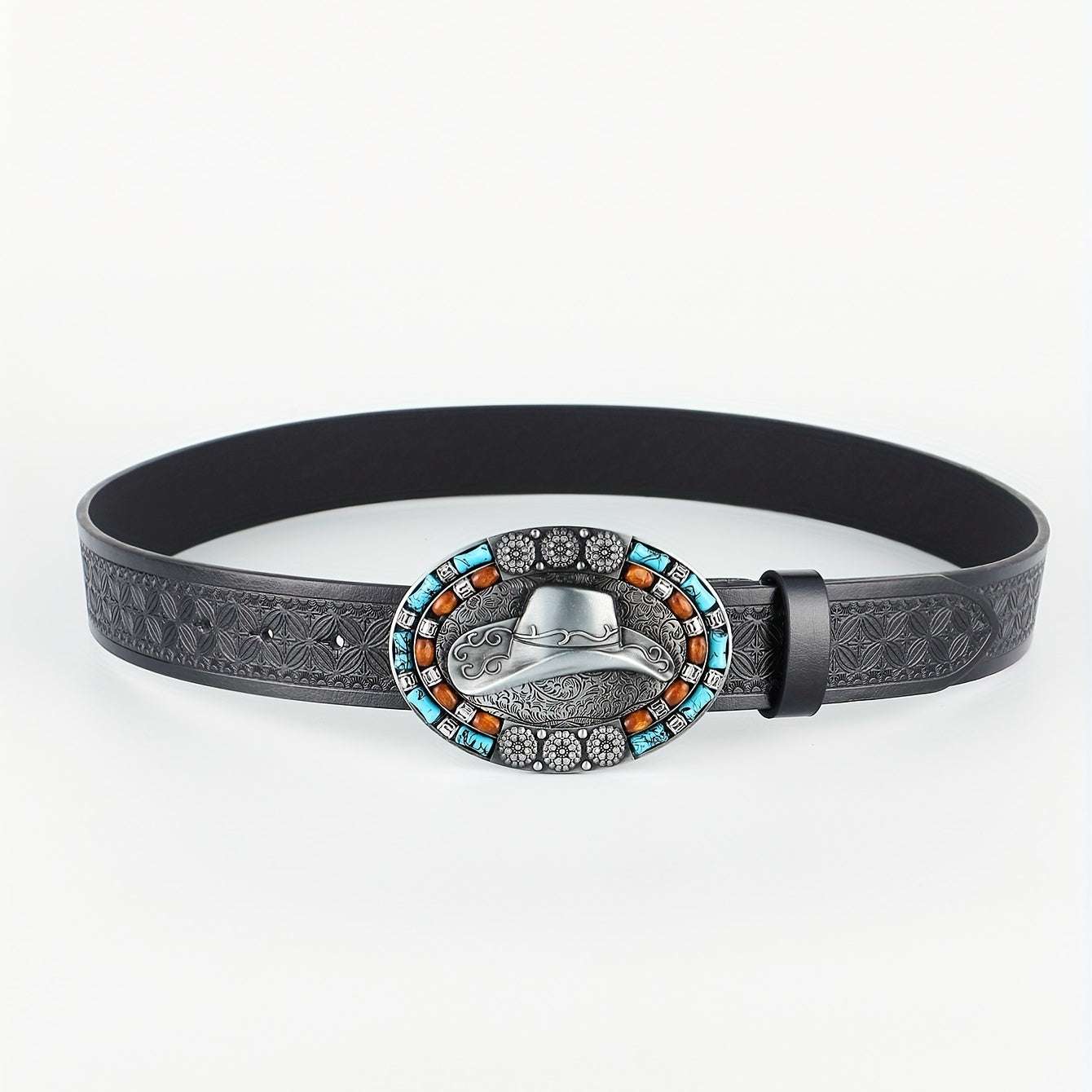 Western Cowboy Vintage Belt Embossed Leather Belt Bohemian Style Hat Buckle
