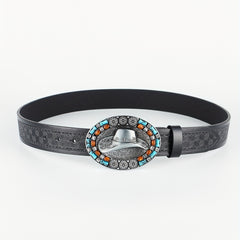 Western Cowboy Vintage Belt Embossed Leather Belt Bohemian Style Hat Buckle