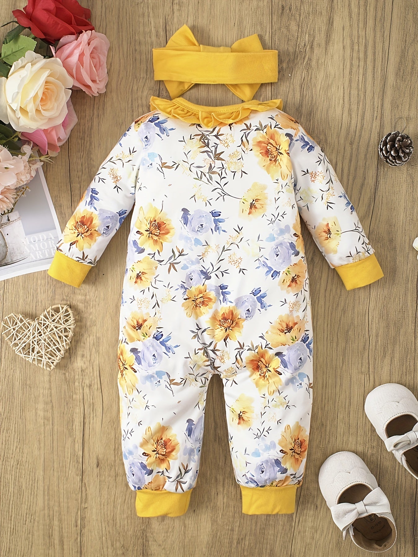 Floral Ruffled Baby Jumpsuit Bandana Set