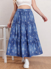  Floral Print Drawstring Elastic Maxi Skirt