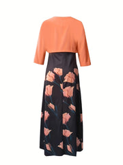 Casual Two Piece Set Open Front Tops & Floral Print Maxi Dress