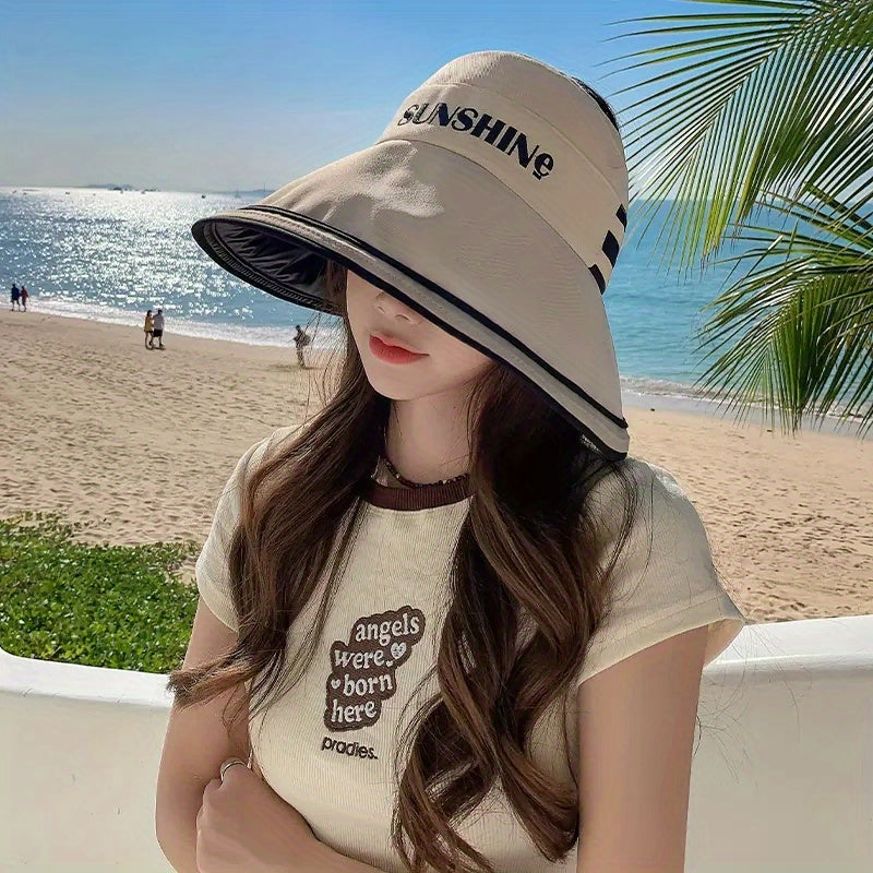 Sunshine Embroidery Ponytail Visor Hat Wide Brim UV Protection Sun Hat