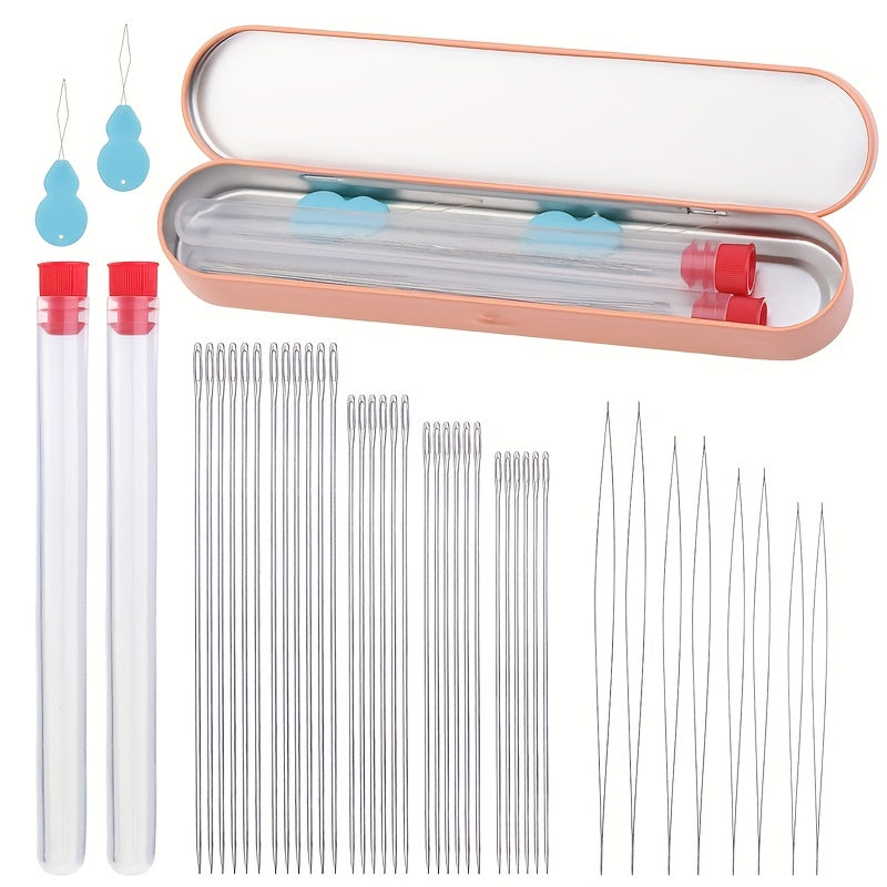 38pcs Beading Needles Set Big Eye & Straight Needles with Threader and Bottle
