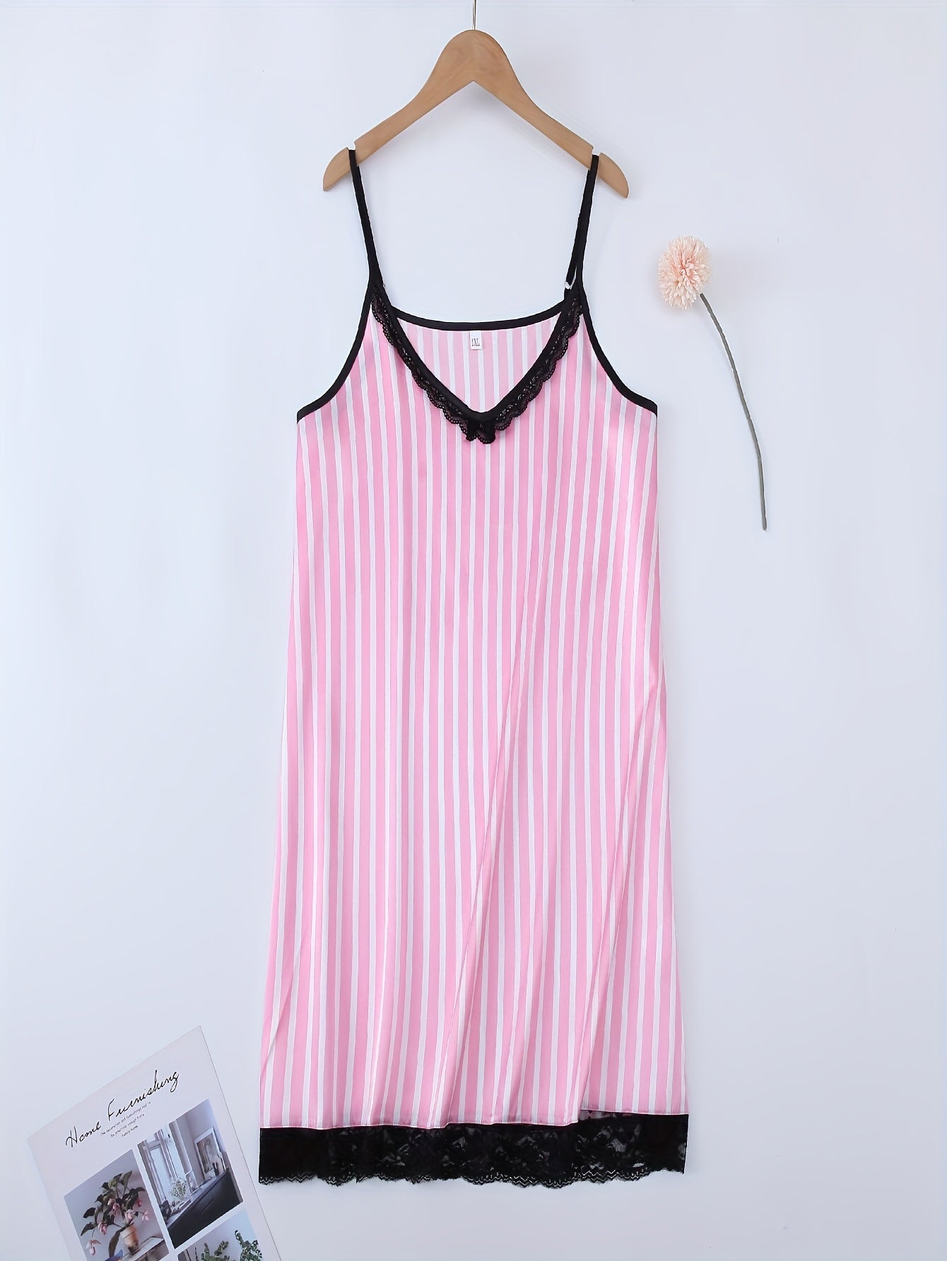  Striped Print Lace Trim Satin Cami Sleep Dress