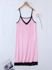  Striped Print Lace Trim Satin Cami Sleep Dress
