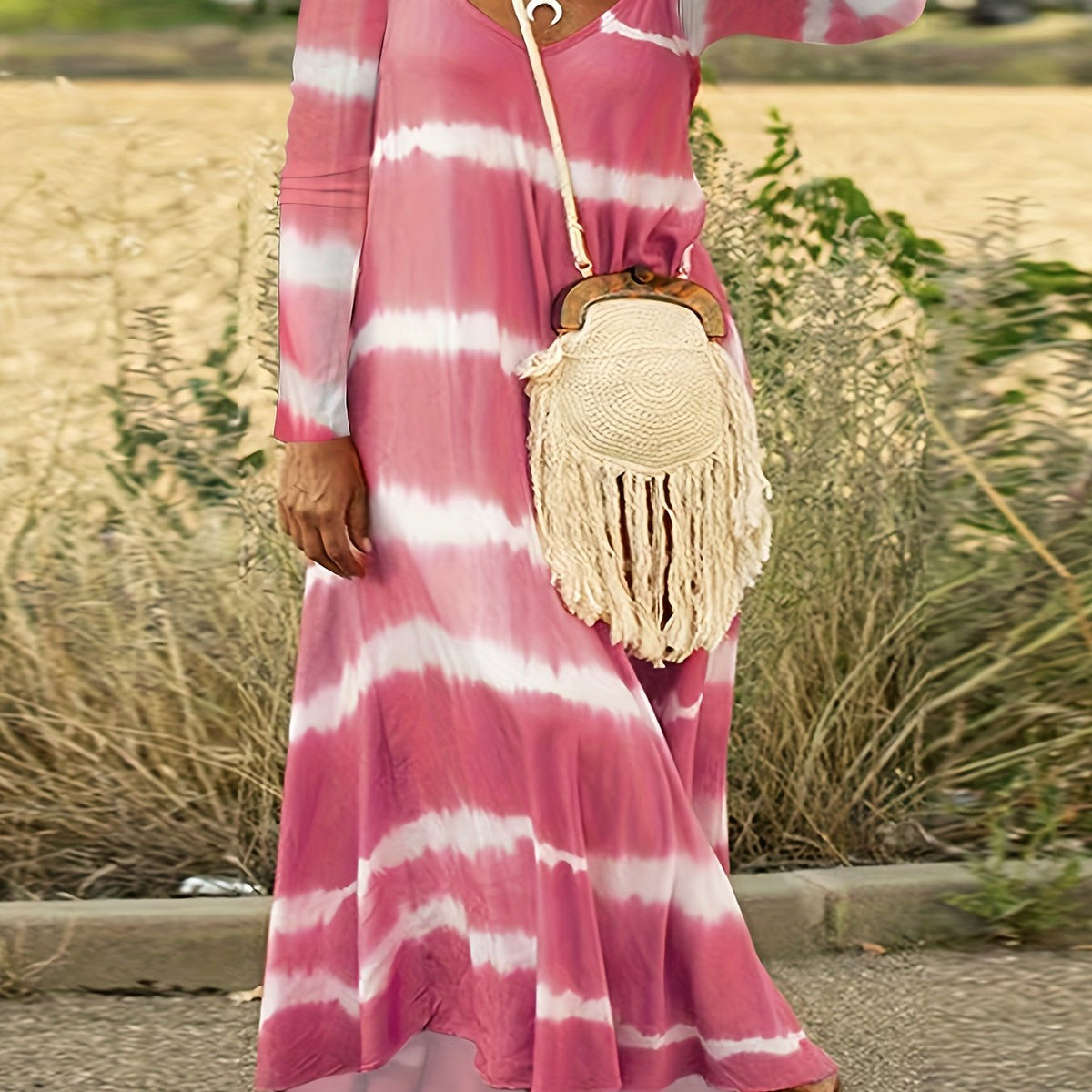 Women's Plus Stripe Print Long Sleeve V Neck Maxi Dress