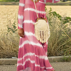 Women's Plus Stripe Print Long Sleeve V Neck Maxi Dress
