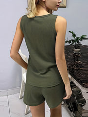 Casual Two piece Set Notched Neck Sleeveless Tops & Drawstring Shorts