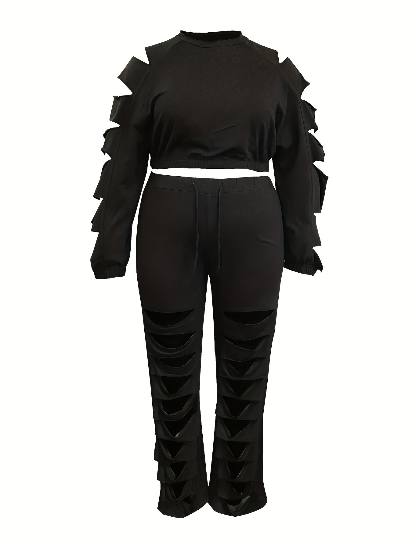  Solid Ripped Crop Top & Elastic Pants Set