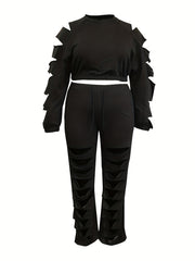  Solid Ripped Crop Top & Elastic Pants Set