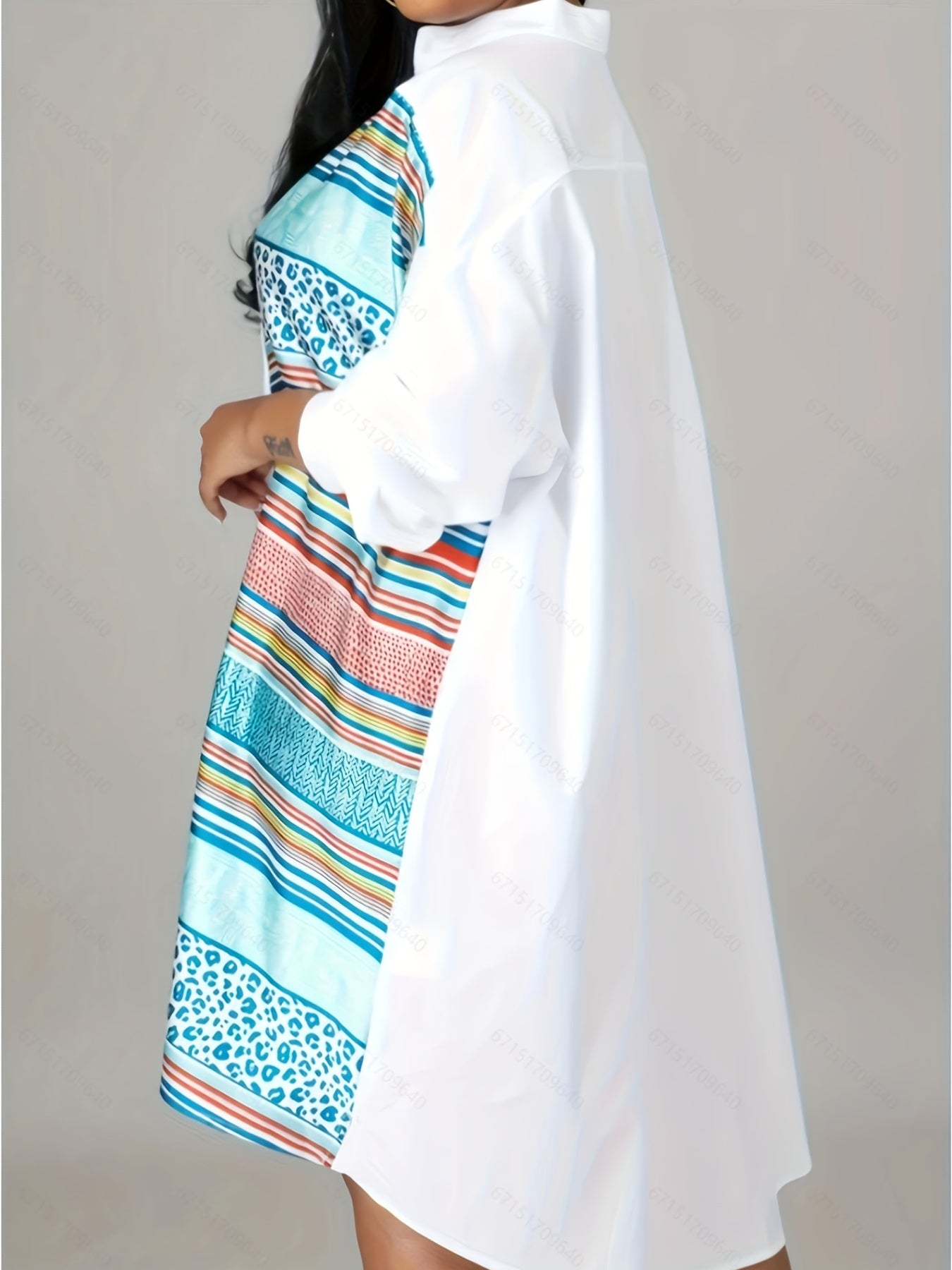 Colorblock Stripe & Leopard Print Button Up Shirt Dress