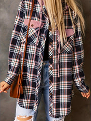  Plaid Print Button Up Long Sleeve Hooded Shacket