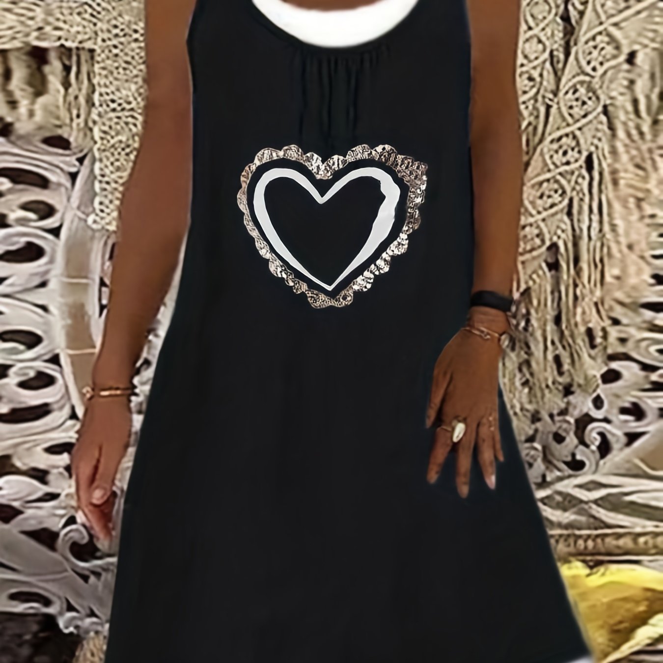  Heart Print Tank Dress Women's Plus Layered Round Neck Dress