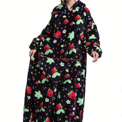  Strawberry Pattern Flannel Hoodie Nightgown