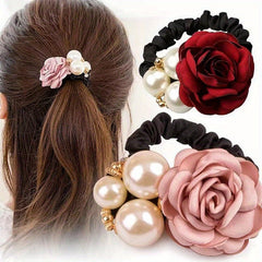 Colorful Rose Faux Pearls Hair Band Floral Beads Hair Ties