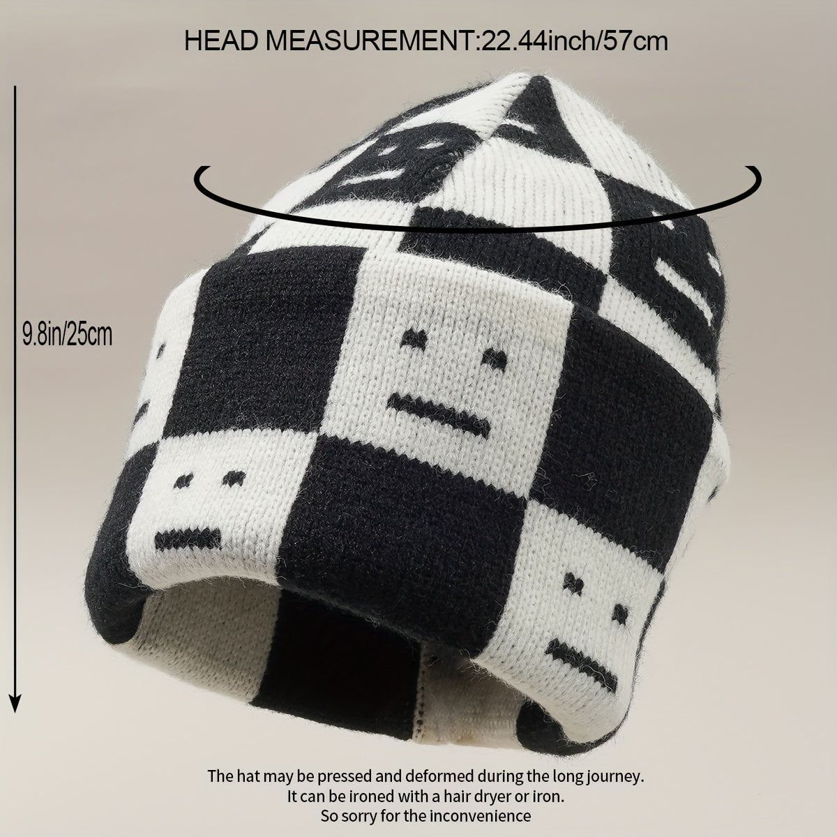 Checkerboard Smiling Beanie Jacquard Wool Knit Hat Unisex Couple Skull Cap