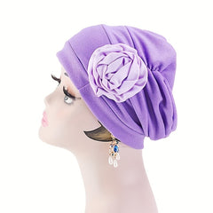 Flower Decor Turban Cap Elastic Head Wrap Chemo Hats Beanie Lightweight Bonnet