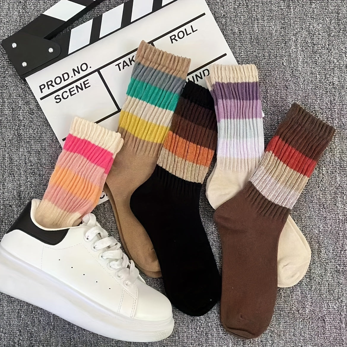 5 Pairs Colorblock Striped Socks Women's Mid Tube Stockings