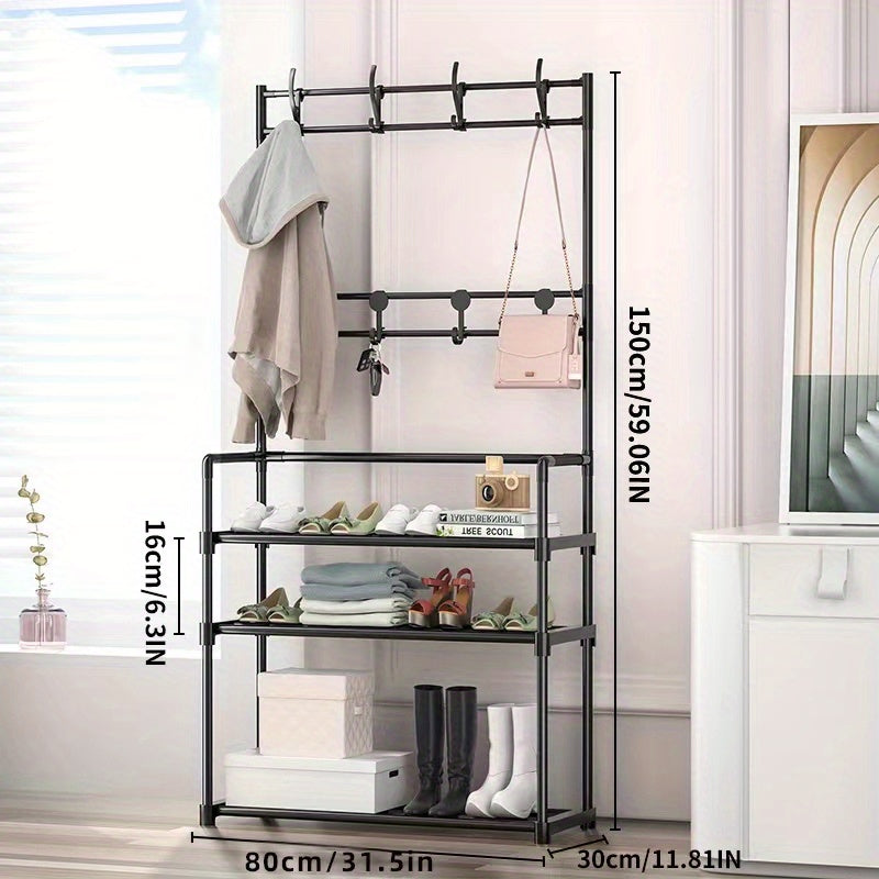 Entryway Coat Rack Shoe Rack with Storage Shelves & 8 Double Hooks