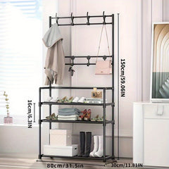 Entryway Coat Rack Shoe Rack with Storage Shelves & 8 Double Hooks
