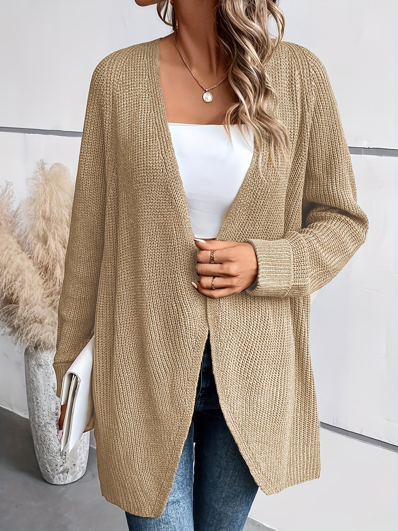  Solid Long Sleeve Open Front Cardigan