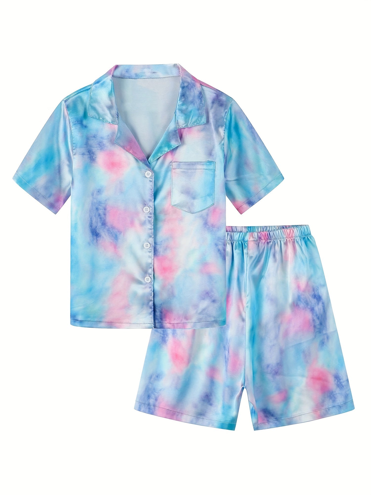 Girls 2pcs Pajamas Top & Shorts Solid Short Sleeve Button Front PJ Set