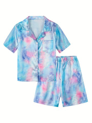 Girls 2pcs Pajamas Top & Shorts Solid Short Sleeve Button Front PJ Set