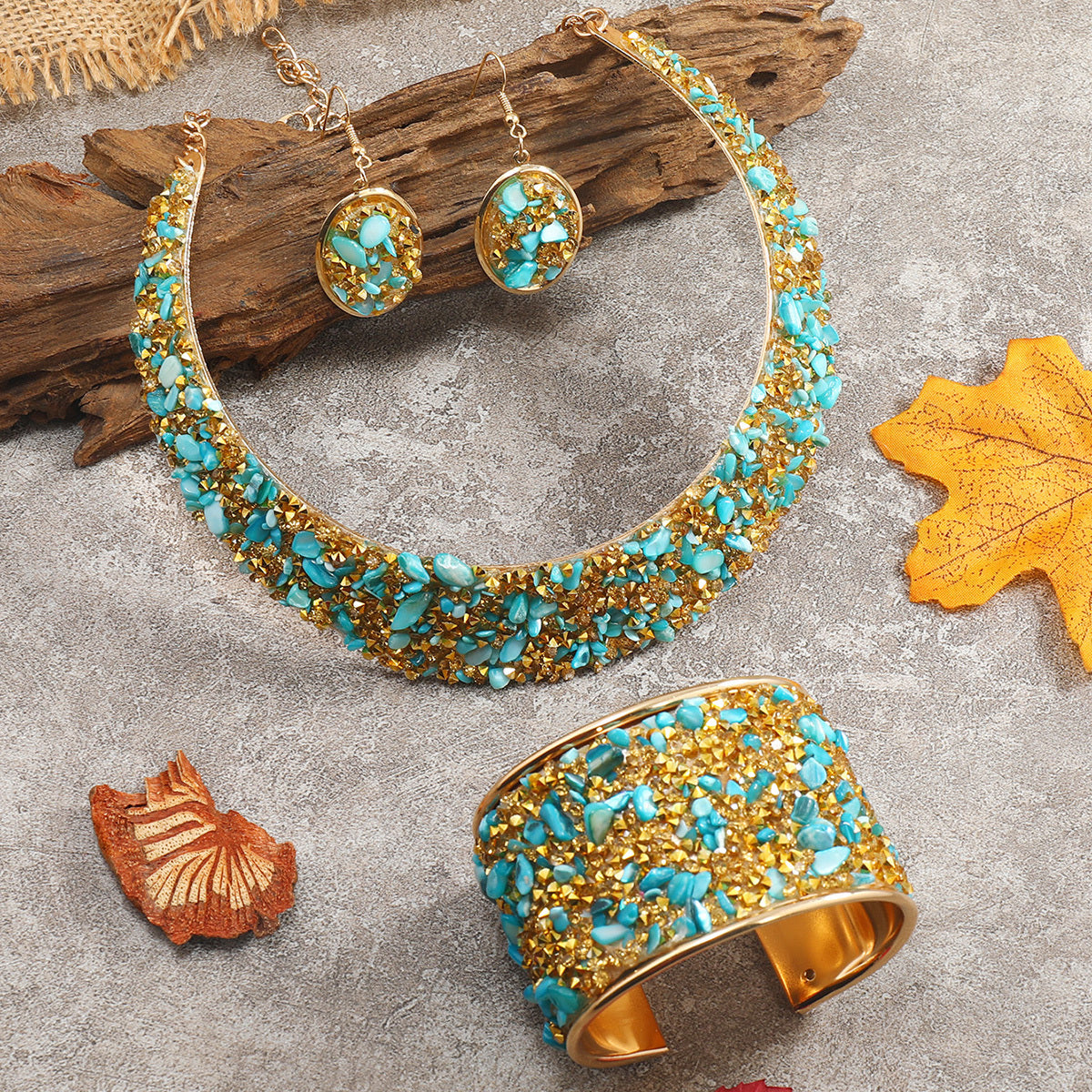 22K Plated Jewelry Set: Choker Necklace, Earrings, Bangle with Rhinestone