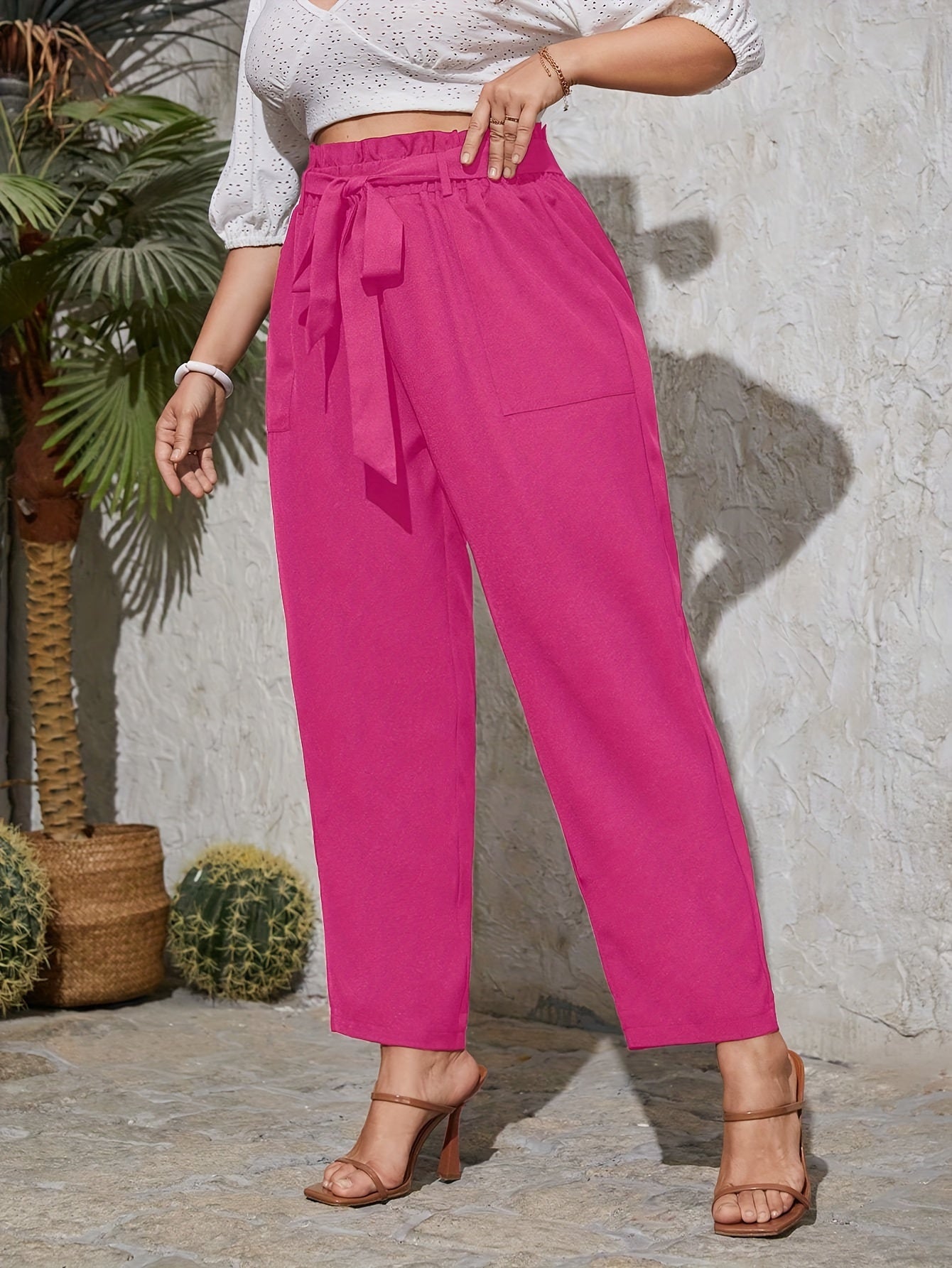  Solid Elastic High Rise Trousers With Belt