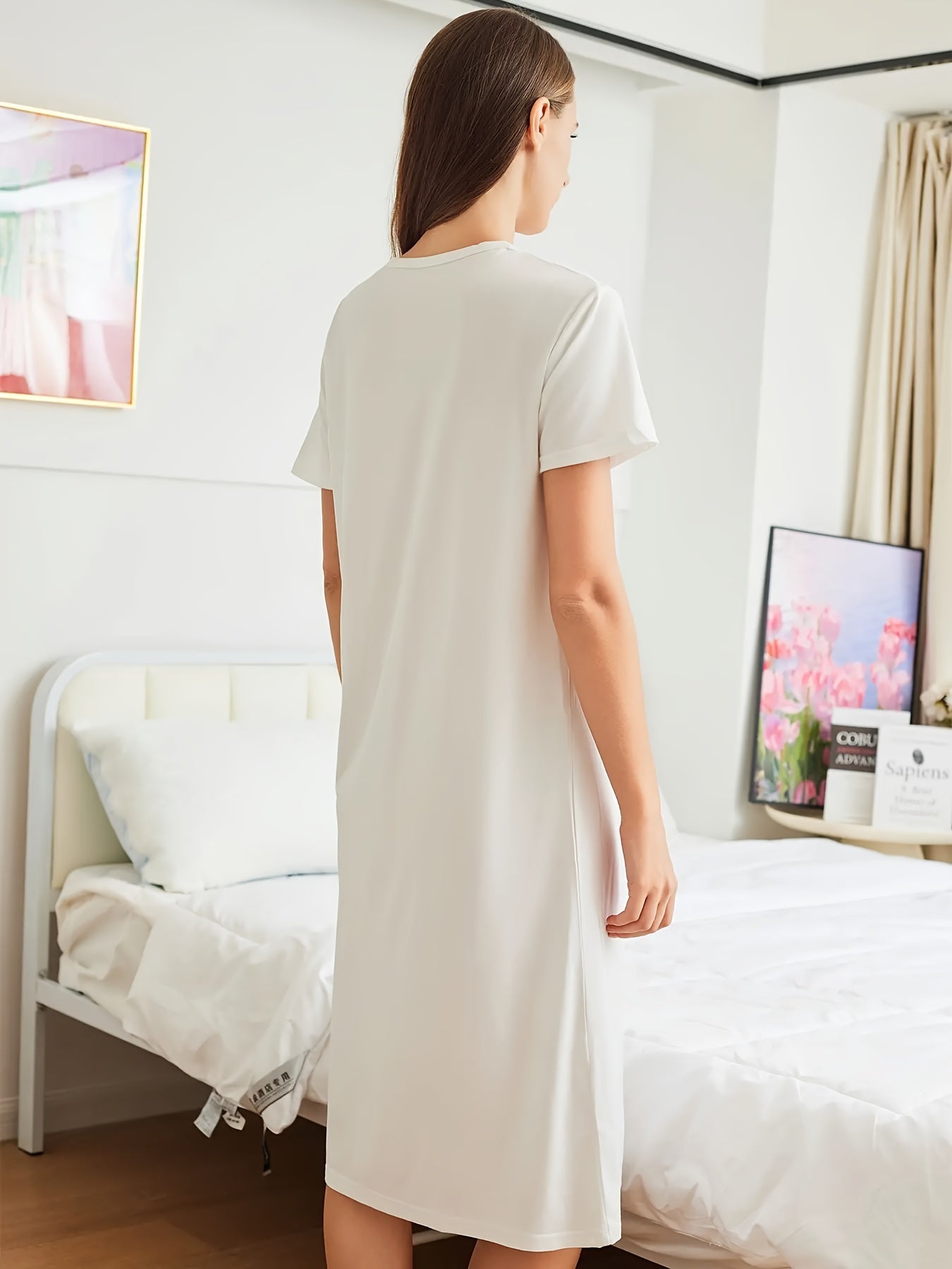 Bear Print NightDress Short Sleeve Pajama Dress Women's Sleepwear