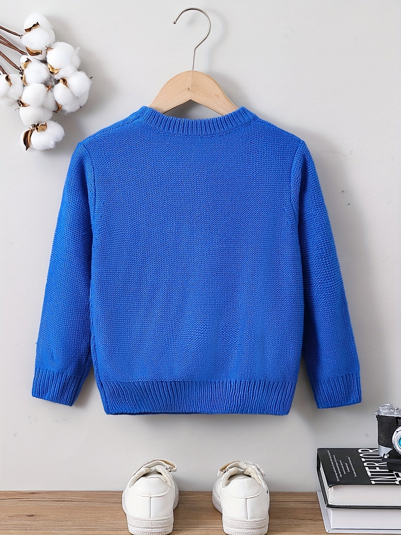 Boys Solid Sweater Round Neck Long Sleeve Stretch Warm Knit Pullover