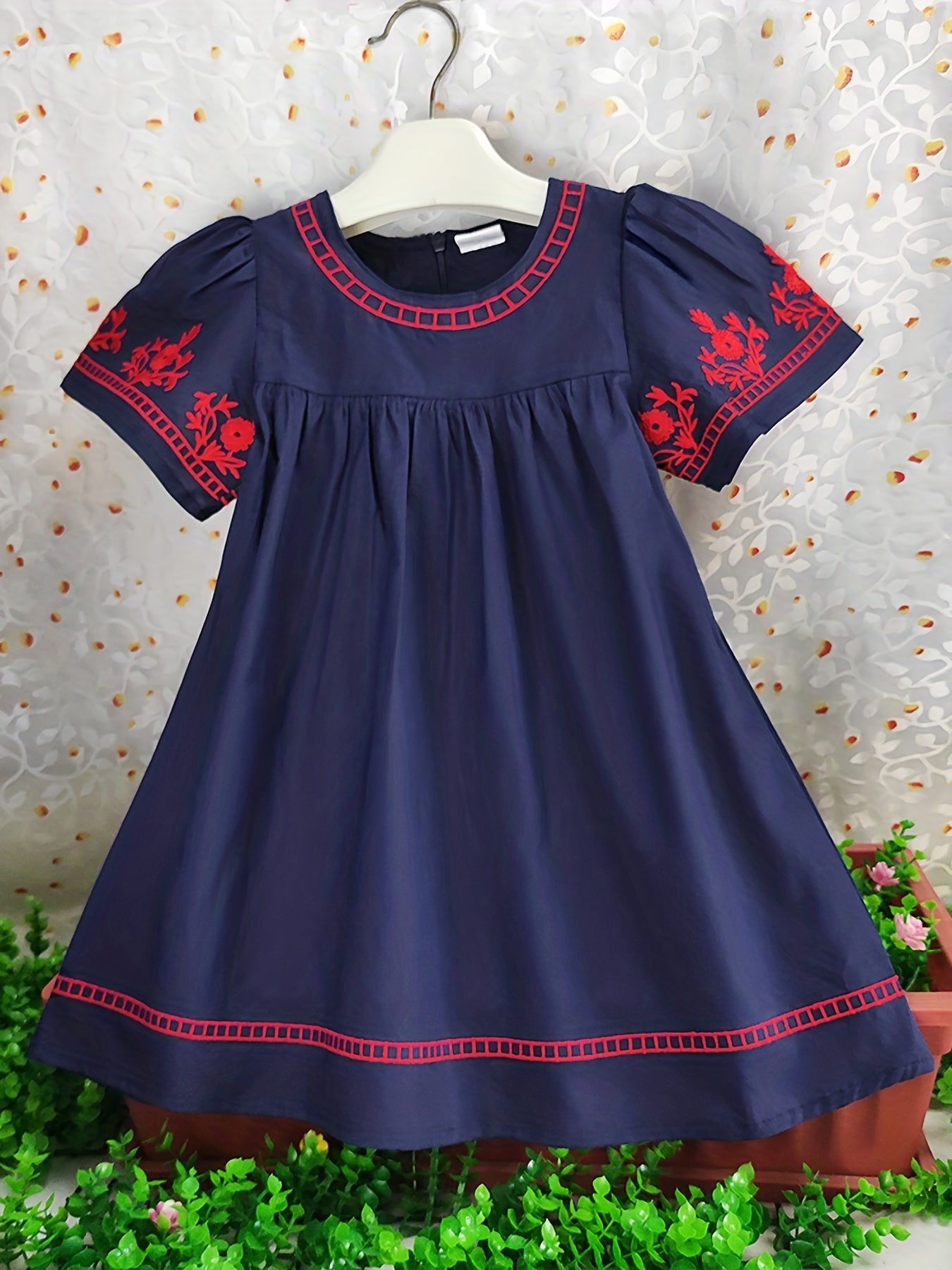 Girls Floral Embroidery Short Sleeve Cotton Dress Boho Style