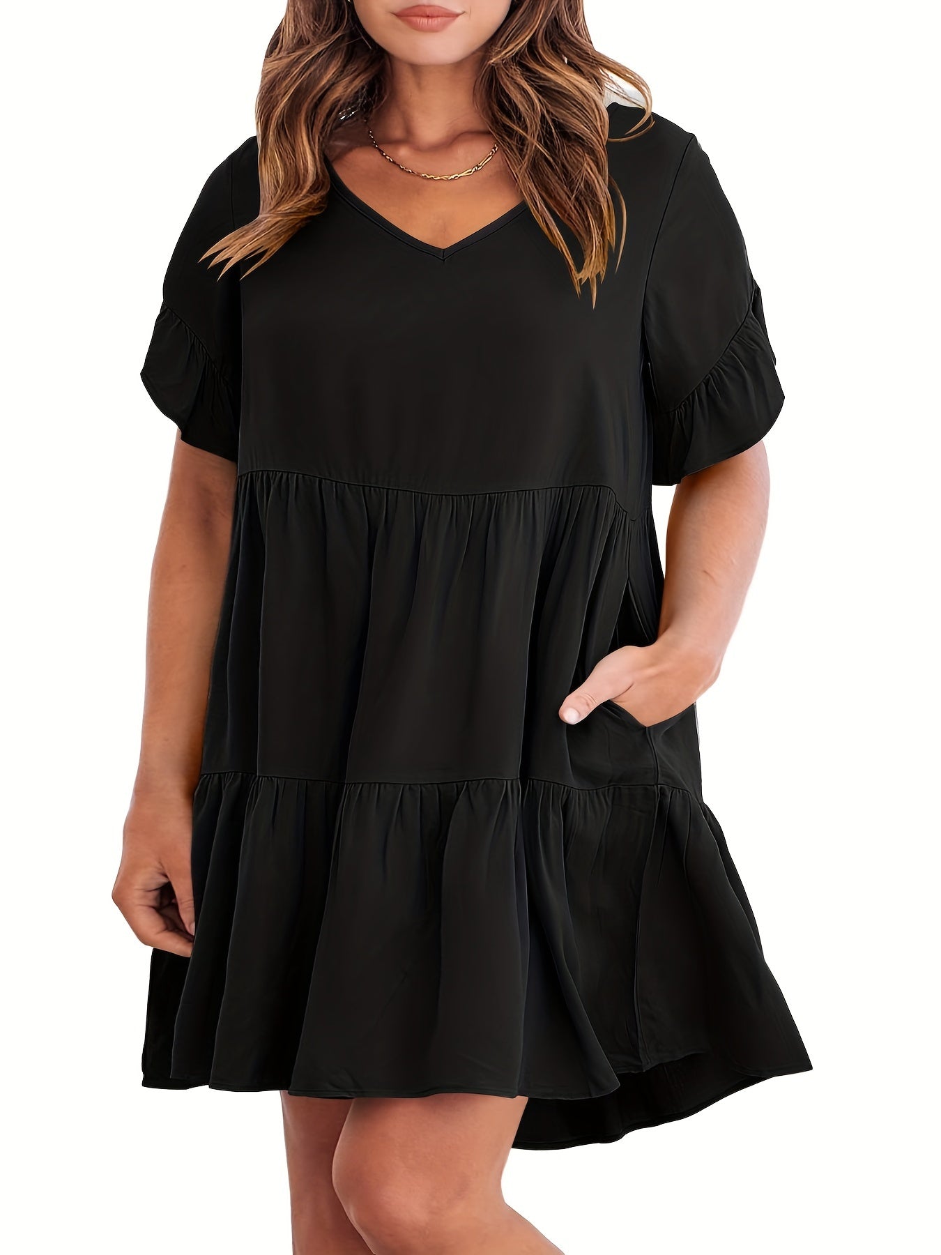  V Neck Ruffle Trim Mini Smock Dress With Pockets