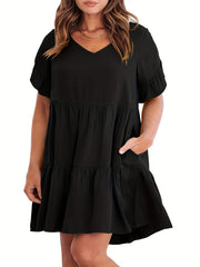  V Neck Ruffle Trim Mini Smock Dress With Pockets