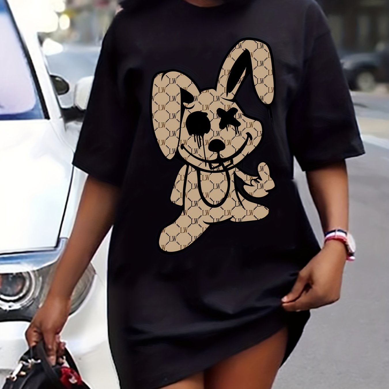  Rabbit Print Tee Dress Short Sleeve Round Neck Dress