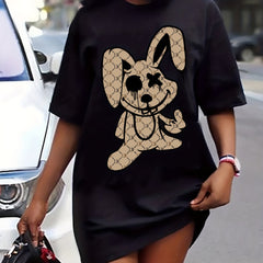  Rabbit Print Tee Dress Short Sleeve Round Neck Dress