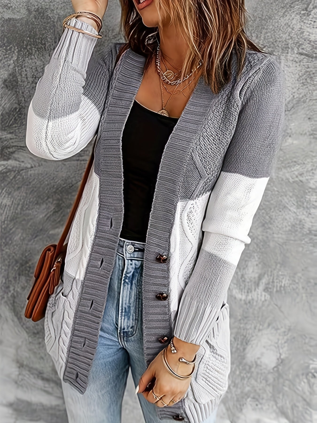  Colorblock Cable Button Up Cardigan with Pockets