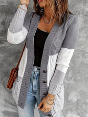  Colorblock Cable Button Up Cardigan with Pockets