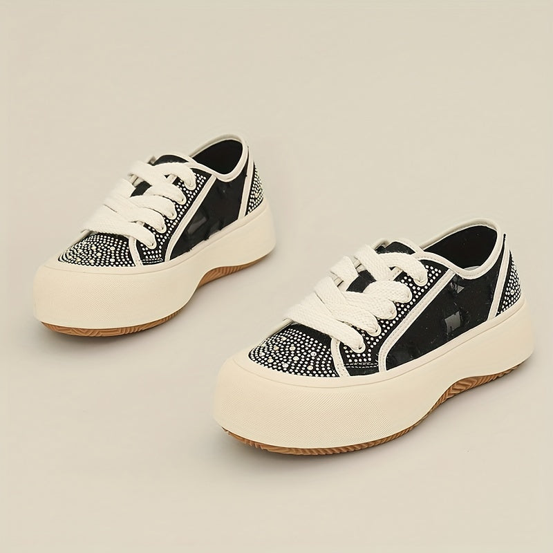 Rhinestone Mesh Low Top Chunky Shoes Women's Casual Heightening Board Shoes
